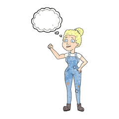 freehand drawn thought bubble textured cartoon woman in dungarees