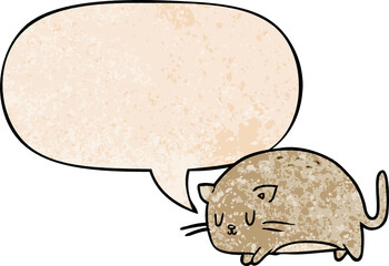 cute fat cartoon cat with speech bubble in retro texture style