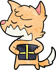 friendly cartoon fox with christmas present