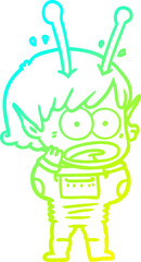 cold gradient line drawing of a cartoon shocked alien girl