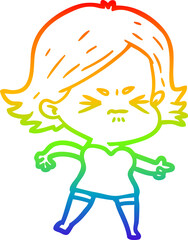 rainbow gradient line drawing of a cartoon angry girl