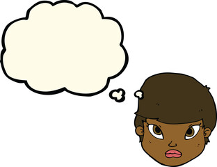 cartoon serious face with thought bubble