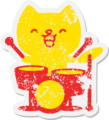 cartoon cat playing drums grunge sticker