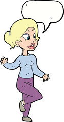 cartoon friendly woman waving with speech bubble
