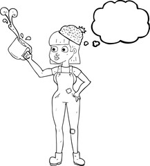 freehand drawn thought bubble cartoon female worker with coffee mug