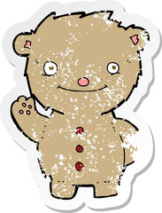 retro distressed sticker of a cartoon waving teddy bear