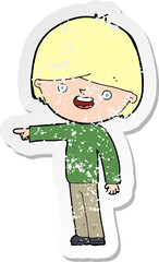 retro distressed sticker of a cartoon man pointing