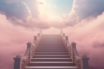 Stairway ascending to a pink sky with ethereal light. Generative AI