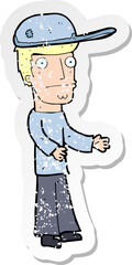 retro distressed sticker of a cartoon worried man wearing hat
