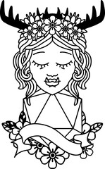 Black and White Tattoo linework Style half orc druid character with natural 20 dice roll