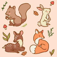 Set of cutte little forest animals in autumn. rabbit. fox. squirrel. deer. autumn animals