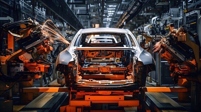 The welding arm on the automobile production line is being welded