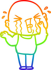 rainbow gradient line drawing of a cartoon crying bald man