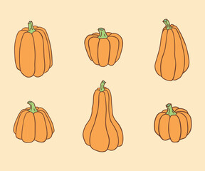 set of pumpkins of different shapes. cartoon pumpkins