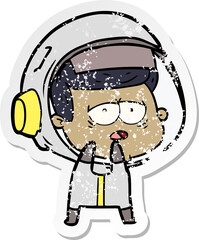 distressed sticker of a cartoon tired astronaut