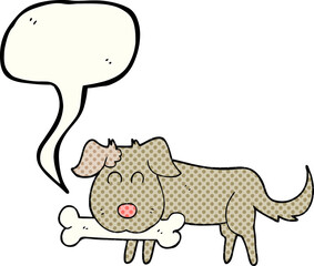 freehand drawn comic book speech bubble cartoon dog with bone