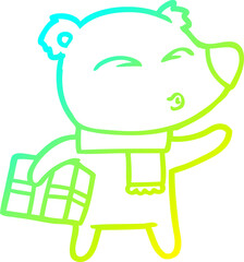 cold gradient line drawing of a cartoon christmas polar bear