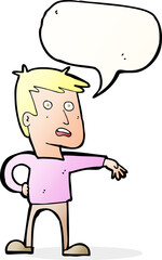 cartoon man making camp gesture with speech bubble