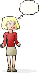 cartoon woman shrugging shoulders with thought bubble