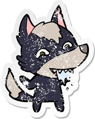 distressed sticker of a cartoon hungry wolf
