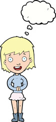 cartoon excited woman with thought bubble