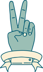 Retro Tattoo Style peace two finger hand gesture with banner