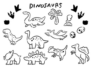 恐竜たちの手描き風イラストセット 線画