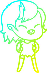 cold gradient line drawing of a cartoon laughing vampire girl