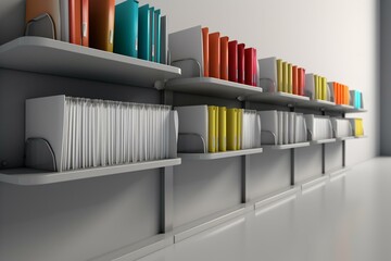 Line of files on shelf, 3D model. Generative AI