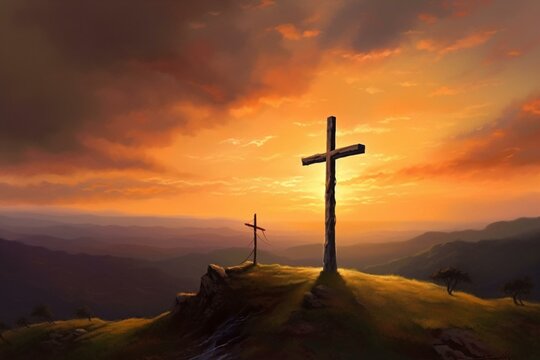 Beautiful sunset oil painting of a Christian cross on a hill, inspiring and serene. Generative AI
