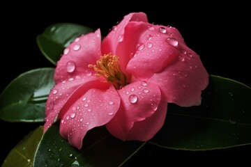 A flower with pink petals, adorned with green leaves and sparkling water droplets. Generative AI