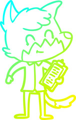 cold gradient line drawing of a cartoon happy fox salesman