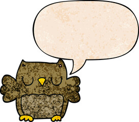 cute cartoon owl with speech bubble in retro texture style