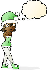 cartoon woman in christmas elf costume with thought bubble