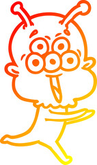 warm gradient line drawing of a happy cartoon alien running