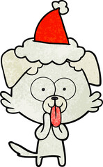 hand drawn textured cartoon of a dog with tongue sticking out wearing santa hat
