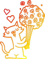 warm gradient line drawing of a cartoon cat in love with flowers