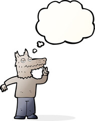 cartoon happy wolf man with thought bubble