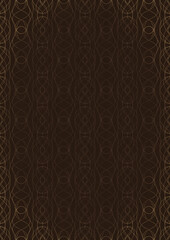 Hand-drawn unique abstract ornament. Light semi transparent brown on a dark brown background, with vignette of same pattern in golden glitter. Paper texture. Digital artwork, A4. (pattern: p10-1f)