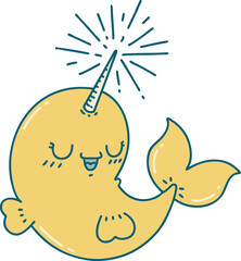 illustration of a traditional tattoo style happy narwhal © lineartestpilot