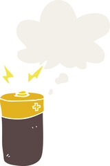 cartoon battery with thought bubble in retro style