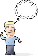 cartoon man giving peace sign with thought bubble