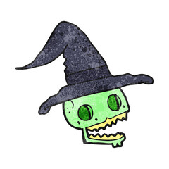 freehand drawn texture cartoon skulll wearing witch hat