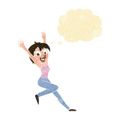 cartoon excited woman with thought bubble