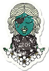 Retro Tattoo Style half orc rogue with natural twenty dice roll