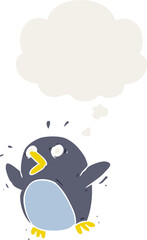 cartoon frightened penguin with thought bubble in retro style