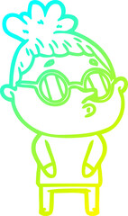 cold gradient line drawing of a cartoon woman wearing glasses