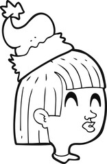 freehand drawn black and white cartoon girl wearing christmas hat