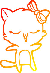 warm gradient line drawing of a cartoon cat with bow on head