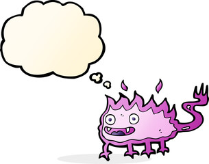 cartoon little fire demon with thought bubble